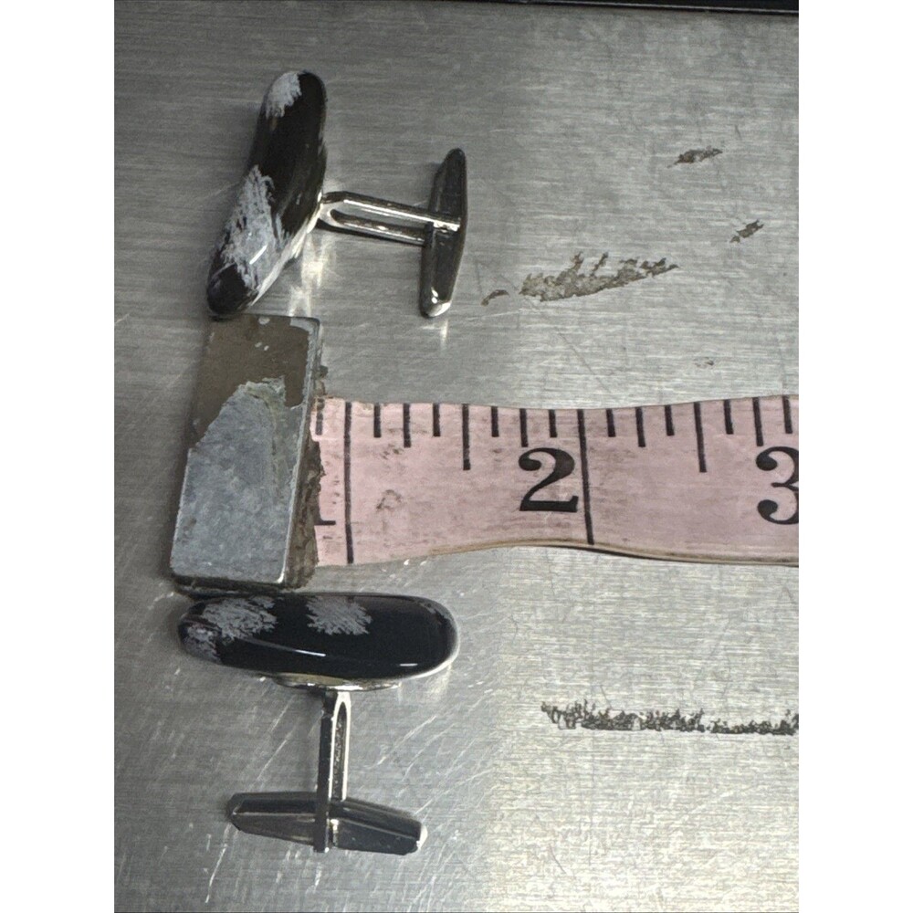 Vtg Marked Pat Pend Silver Tone w/ Black Gemstone Chunky Cufflinks - Picture 6 of 6